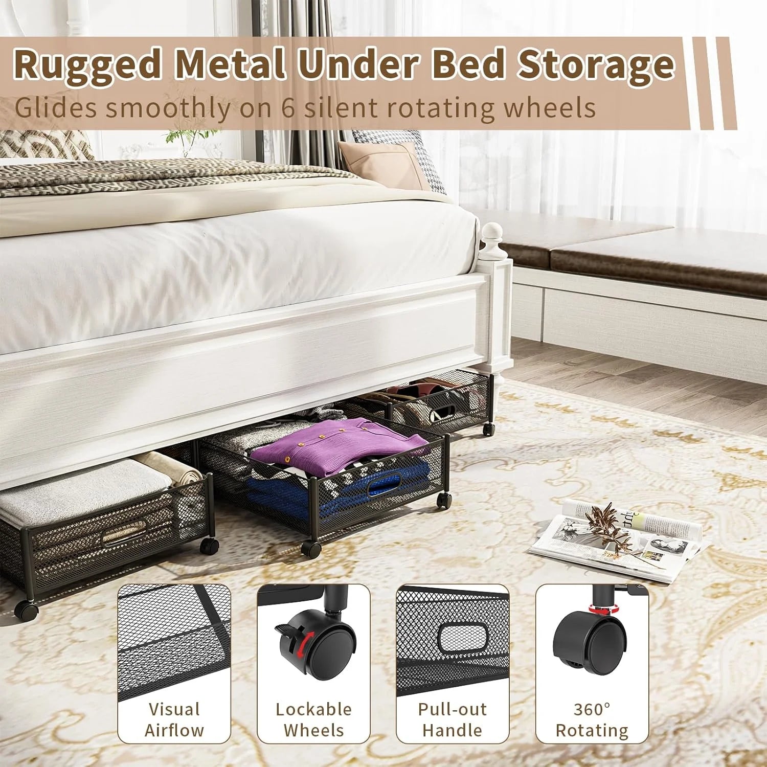 47.2'' Long Under Bed Storage on Wheels 57.6L Large Capacity Rolling Under the Bed Storage Containers Tool-Free Assembly Foldable Underbed Shoes Clothes Toy Drawers