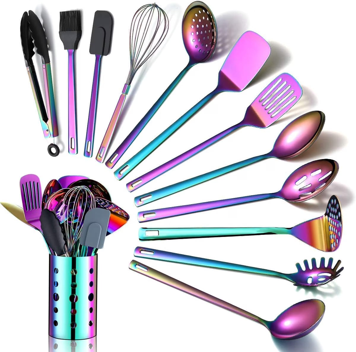 Rainbow Kitchen Utensil Set 13-Piece Stainless Steel Cookware Set Titanium Rainbow Plating Kitchen Tool Set with Cutlery Holder Suitable for Non-stick Cookware Dishwasher Safe