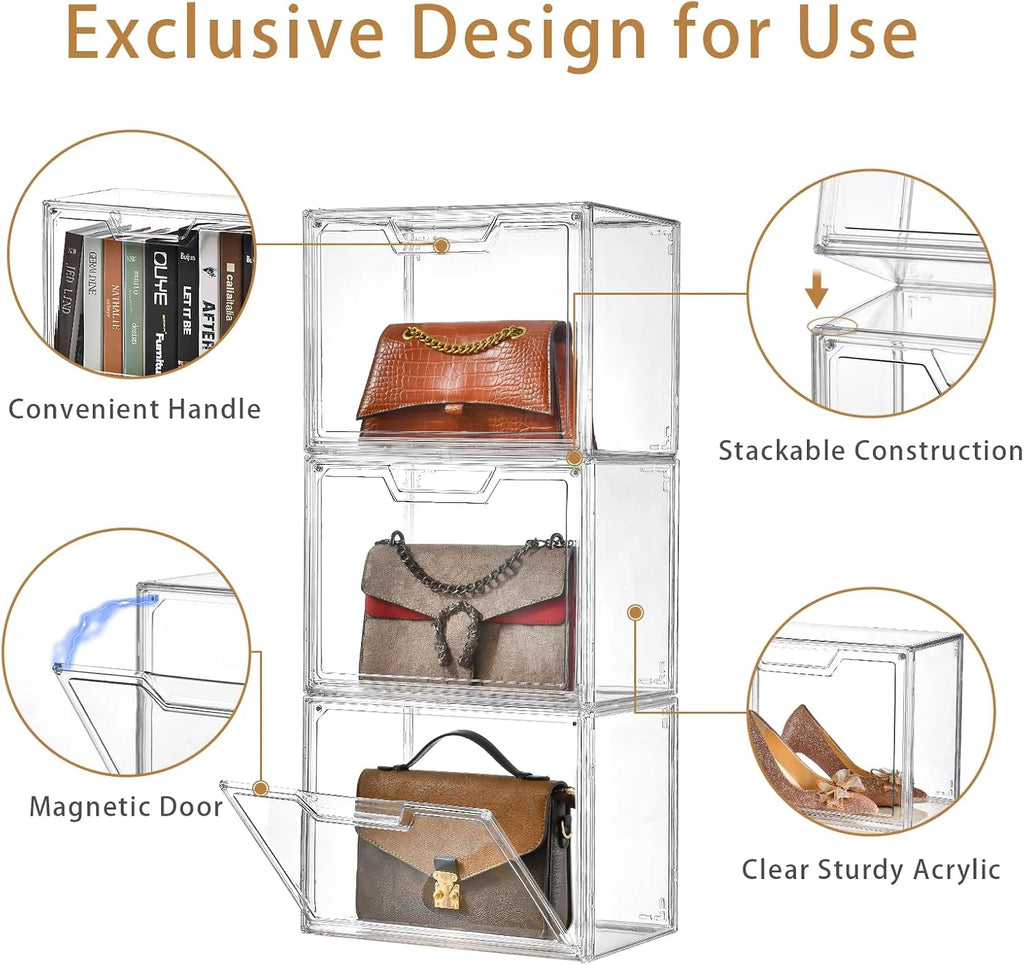 3 Pack Clear Storage Bins with Lids Storage Containers with Magnetic Door Stackable Acrylic Display Case for Handbags Cosmetic Multifunctional Storage Boxes for Dorm Living Room Bedroom Storage
