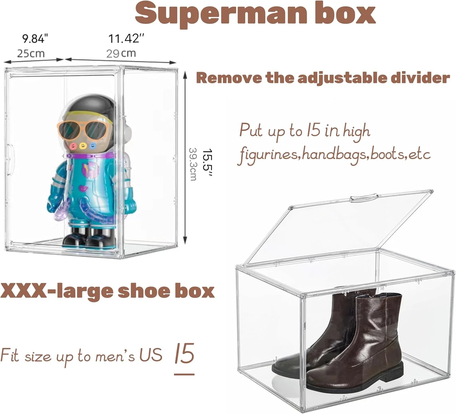XXX-Large Clear Acrylic Display Case Boot Shoe Storage Boxes With An Adjustable Divider,2 Pack 2 Tiers Clear Plastic Stackable Storage Bins With Lids Big Display Acrylic Box With Magnetic Door