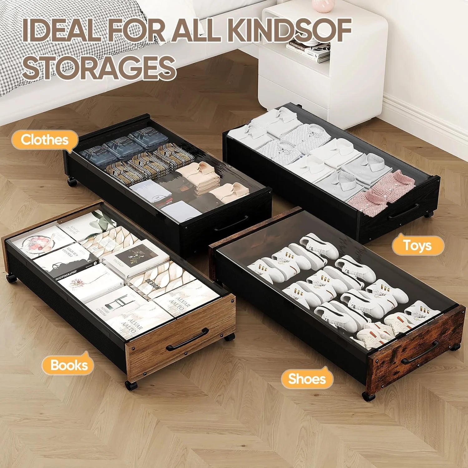Wooden Under Bed Storage with Wheels Rolling Under the Bed Storage Bins with Removable Lid Metal Under Bed Drawers for Clothes and Shoes in Bedroom or Living Room(Black Wood-2pack)