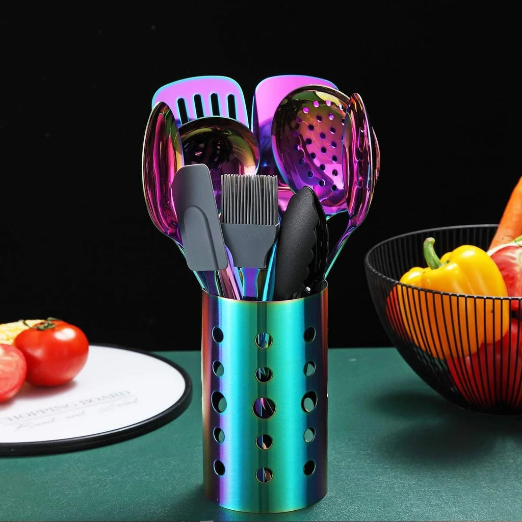 Rainbow Kitchen Utensil Set 13-Piece Stainless Steel Cookware Set Titanium Rainbow Plating Kitchen Tool Set with Cutlery Holder Suitable for Non-stick Cookware Dishwasher Safe