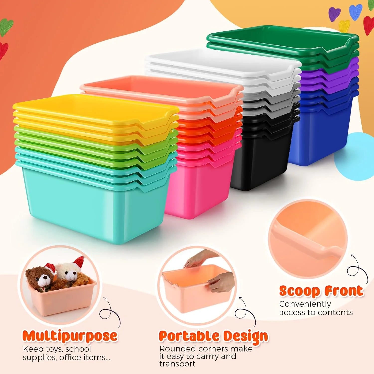 24 Pcs Plastic Cubby Bins Classroom Cubby Organization Book Bins for Classroom Bulk Toy Storage Baskets Stackable Assorted Colors Storage Containers for Home Office School Nursery Playroom