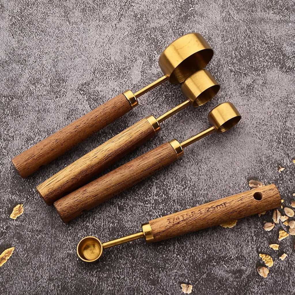 8 pieces Golden Measuring Cups Set and Measuring Spoons Set with Scale Wooden Handle Stainless Steel Dry &amp; Liquid Measuring Cup for Cooking Baking