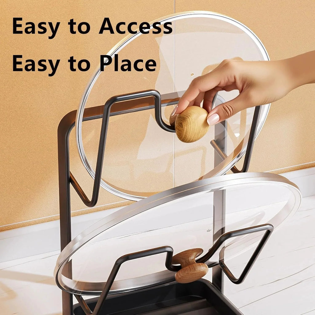 Kitchen Pot Lid Storage Rack 304 Stainless Steel Pot Lid Holder While Cooking Multifunctional Kitchen Pot Cover Organizer for Countertop With Removable Drip Tray