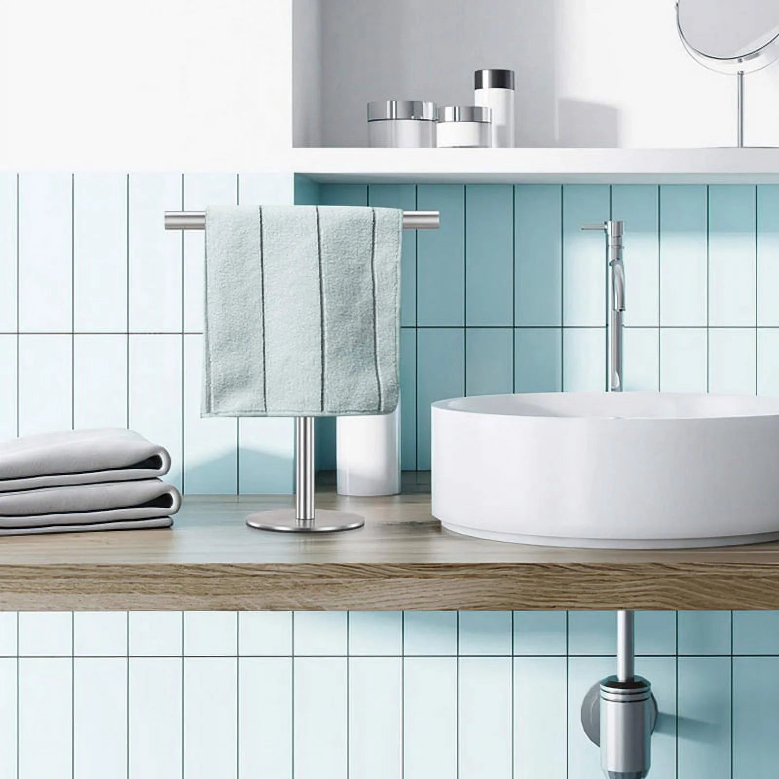 Brushed Standing Towel Rack Heavy Duty Base Stainless Steel T-Shaped Hand Towel Stand for Bathroom Kitchen.