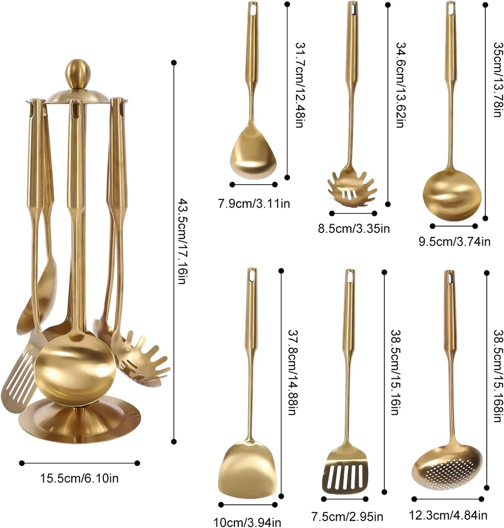 7pcs/ Set Gold Cooking Utensils Healthy Kitchen Tool with Holder Stainless Steel