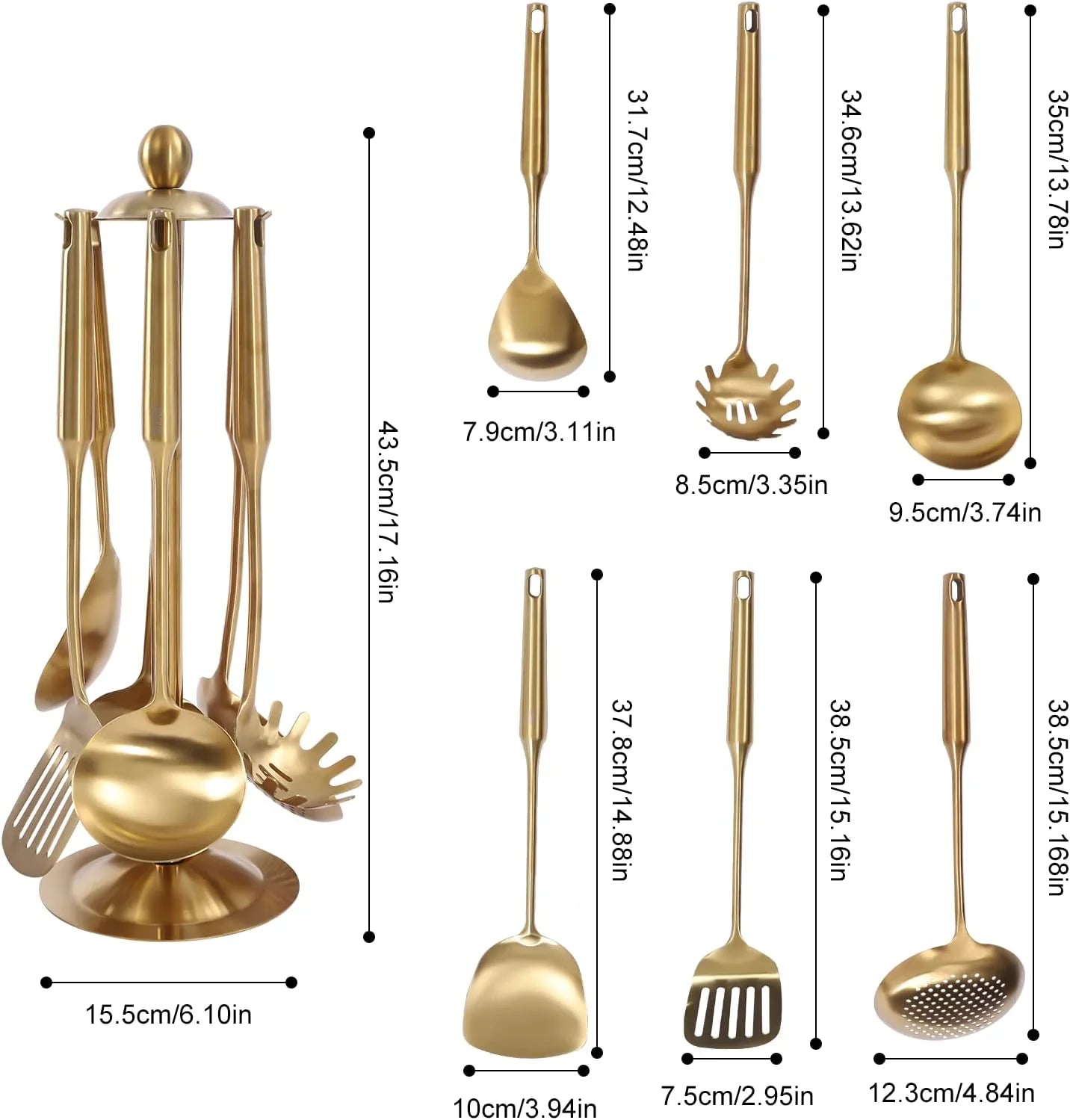 7pcs/ Set Gold Cooking Utensils Healthy Kitchen Tool with Holder Stainless Steel