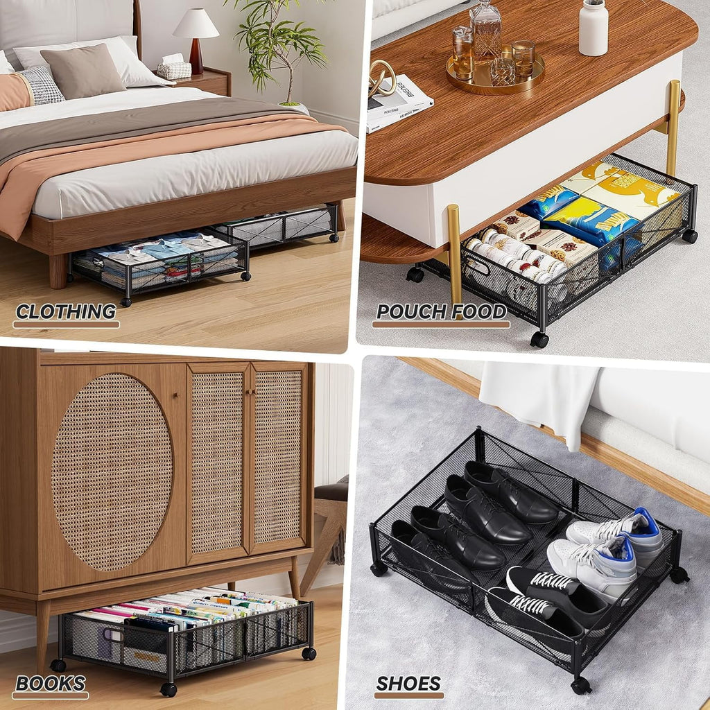 Under Bed Storage Containers with Wheels - Shoe Storage Organizer Drawer Tool-free Assembly Metal Underbed Storage for Bedroom Clothes Shoes Blankets - 2Pack