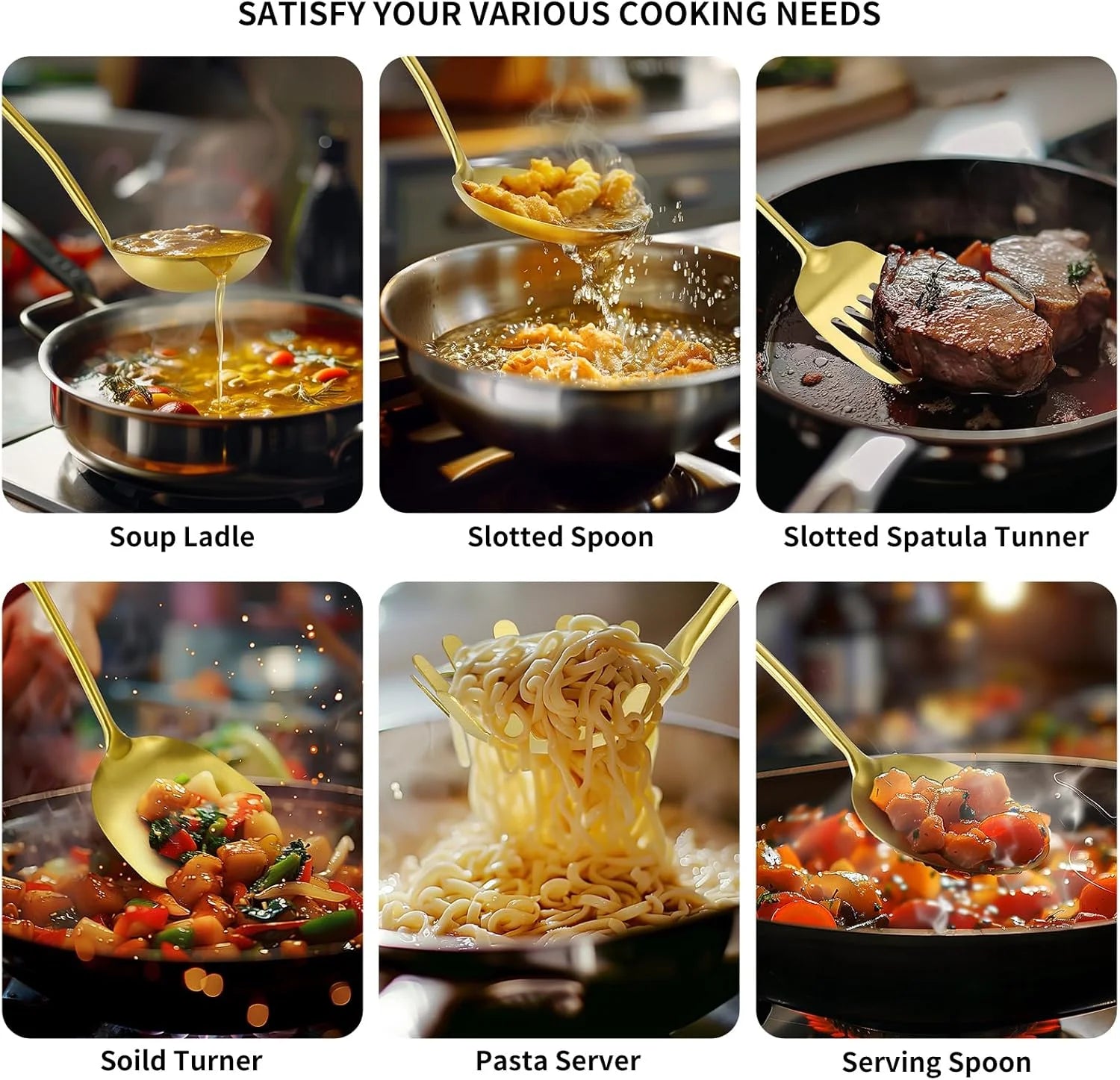 304 Stainless Steel Cooking Utensils,6 Pcs Kitchen Cooking Utensils Set with Spatula Solid Spoon Ladle Skimmer Spaghetti Spoon,Dishwasher Safe(Gold)