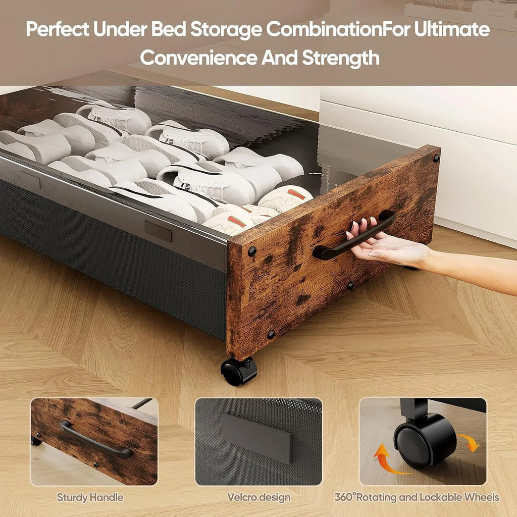 Wooden Under Bed Storage with Wheels Rolling Under the Bed Storage Bins with Removable Lid Metal Under Bed Drawers for Clothes and Shoes in Bedroom or Living Room(Black Wood-2pack)