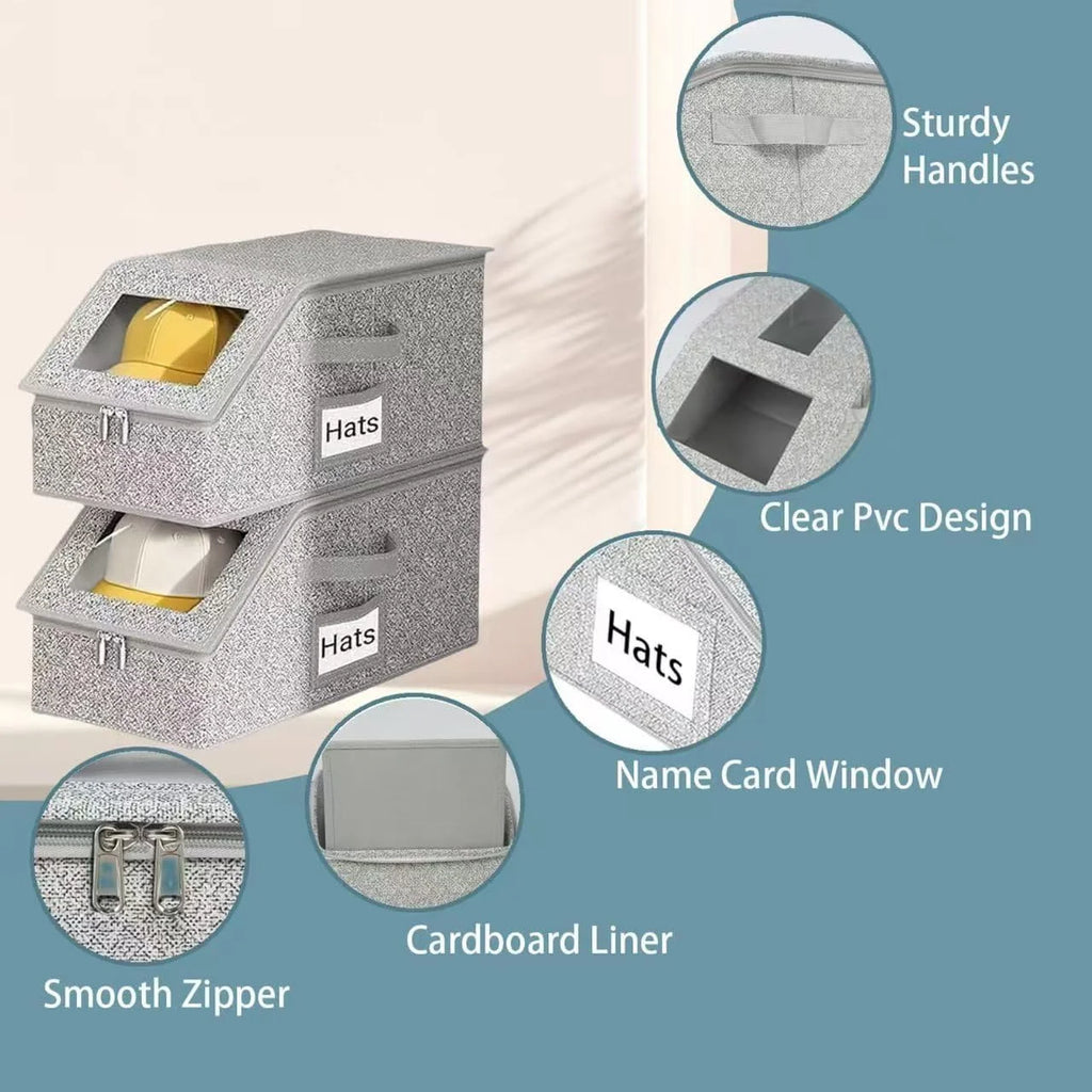 4 PCS Stackable Hat Storage for Baseball Caps Hat Storage Boxes for Closet Holds up to 12 Caps with Cardboard Hat Organizer for Women &amp; Men (Grey)