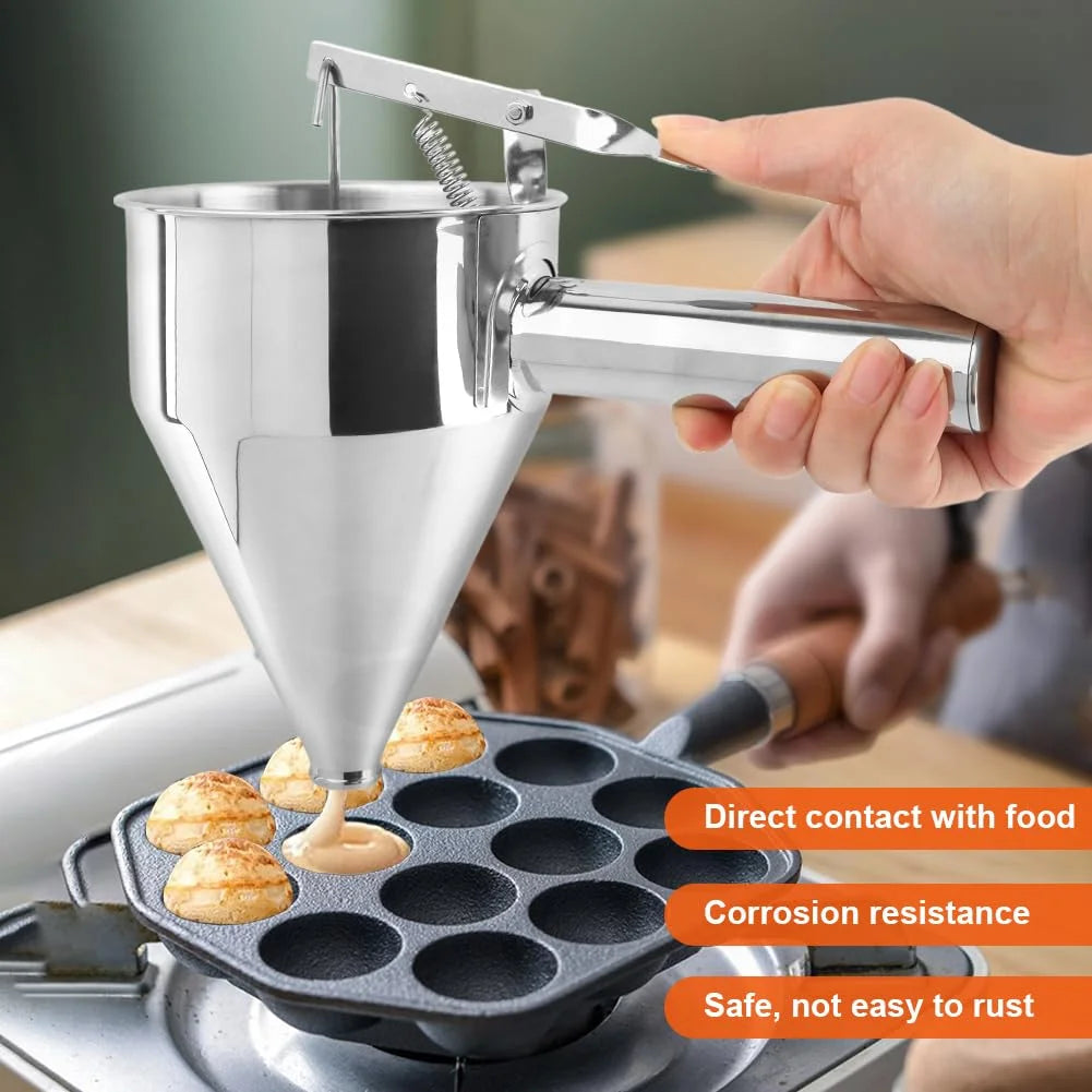 Stainless Steel Pancake Batter Dispenser with Squeeze Handle Kitchen Funnel Tools Pancake Dispenser for Pancakes Cupcakes Takoyaki and Baked Goods