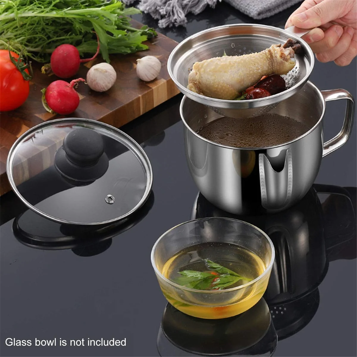 Stainless Steel Fat Separator 1L/4 Cup Gravy Grease with Strainer and Glass Lid Soup Oil Cup