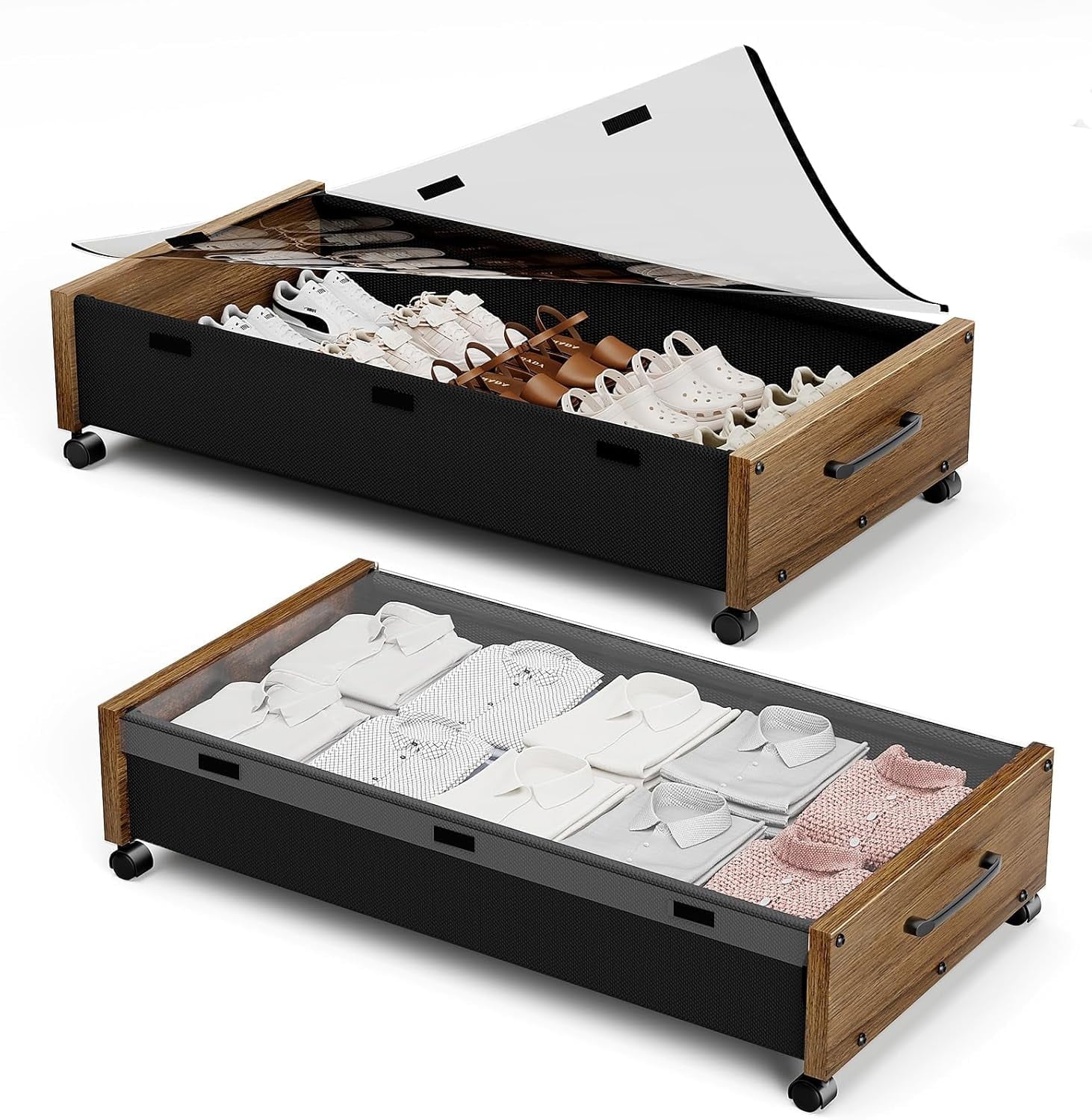 Wooden Under Bed Storage with Wheels Rolling Under the Bed Storage Bins with Removable Lid Metal Under Bed Drawers for Clothes and Shoes in Bedroom or Living Room(Black Wood-2pack)