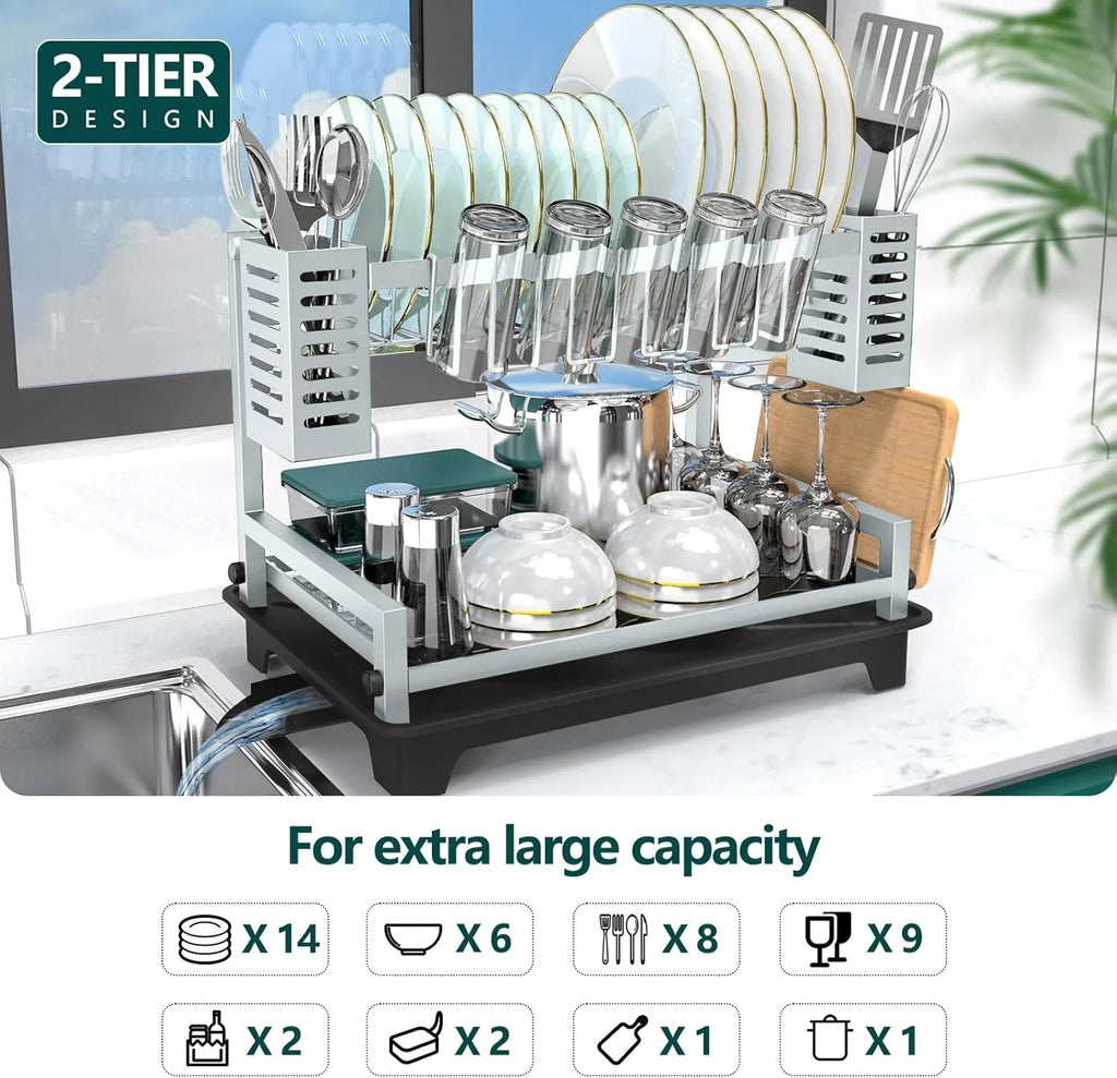 Dish Drying Rack: 2 Tier Dish Racks for Kitchen Counter and Sink - Large Dish Drying Rack with Drainboard &amp; Utensil Holders - Stainless Steel Dish Drainers Kitchen Organization and Storage