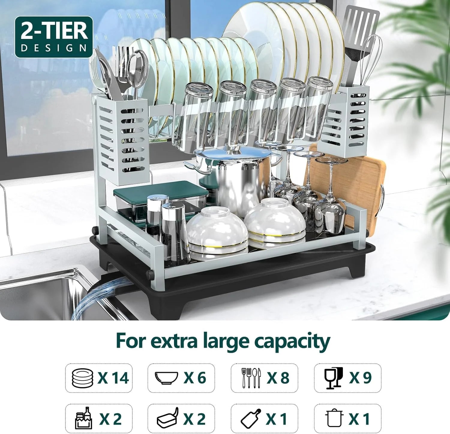 Dish Drying Rack: 2 Tier Dish Racks for Kitchen Counter and Sink - Large Dish Drying Rack with Drainboard &amp; Utensil Holders - Stainless Steel Dish Drainers Kitchen Organization and Storage