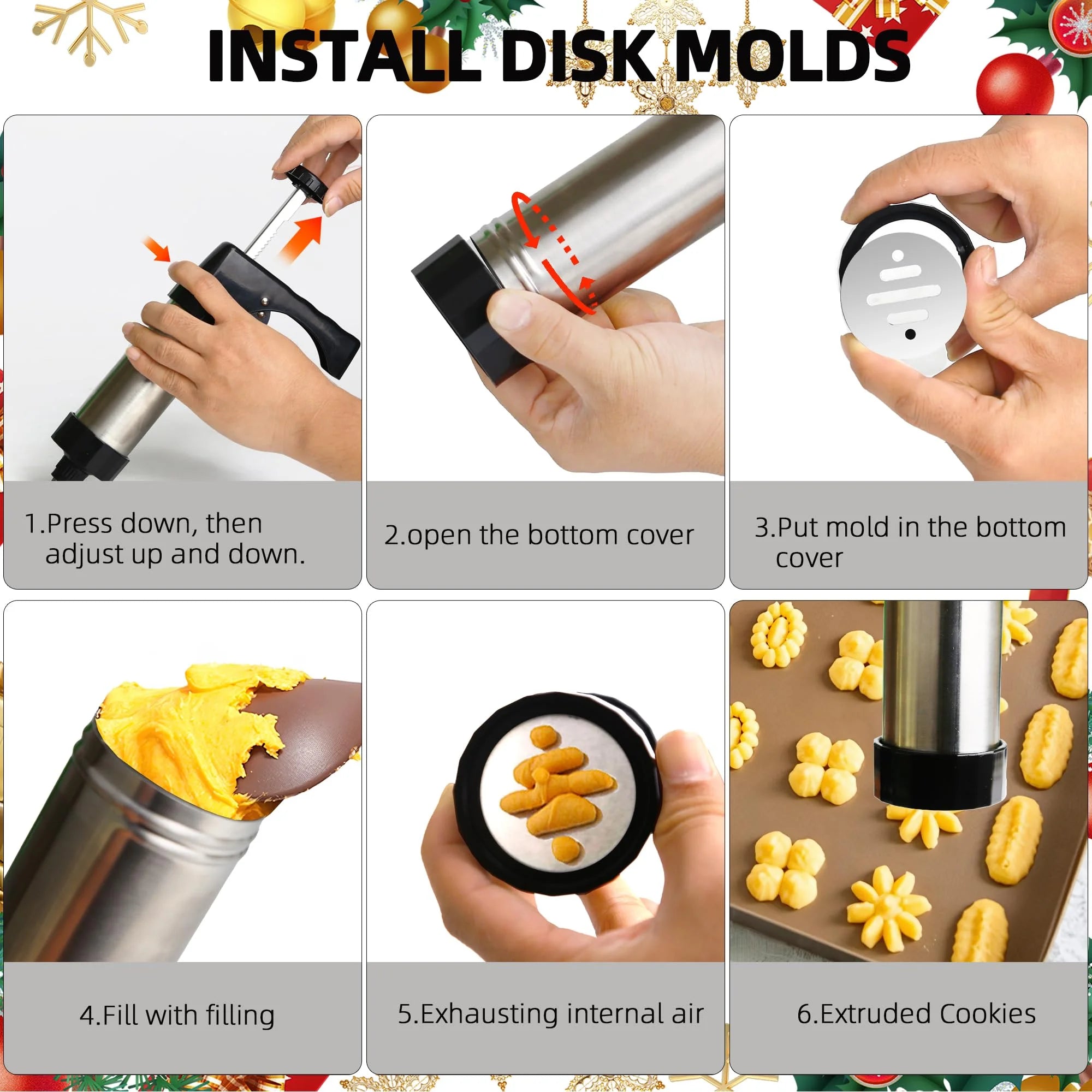 Stainless Steel Cookies Press Cookies Press for Baking,Cookie Press Gun Kit with 13 Cookie Discs and 8 Piping Tips for DIY cake Maker Decorating Baking Supplies