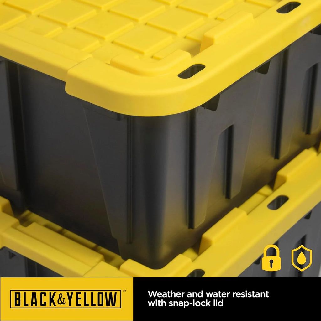 BLACK &amp; YELLOW 27-Gallon Heavy Duty Tough Storage Container &amp; Snap-Tight Lid (14.3"H x 20.6"W x 30.6"D) Weather-Resistant Design and Stackable Organization Tote [4 Pack]