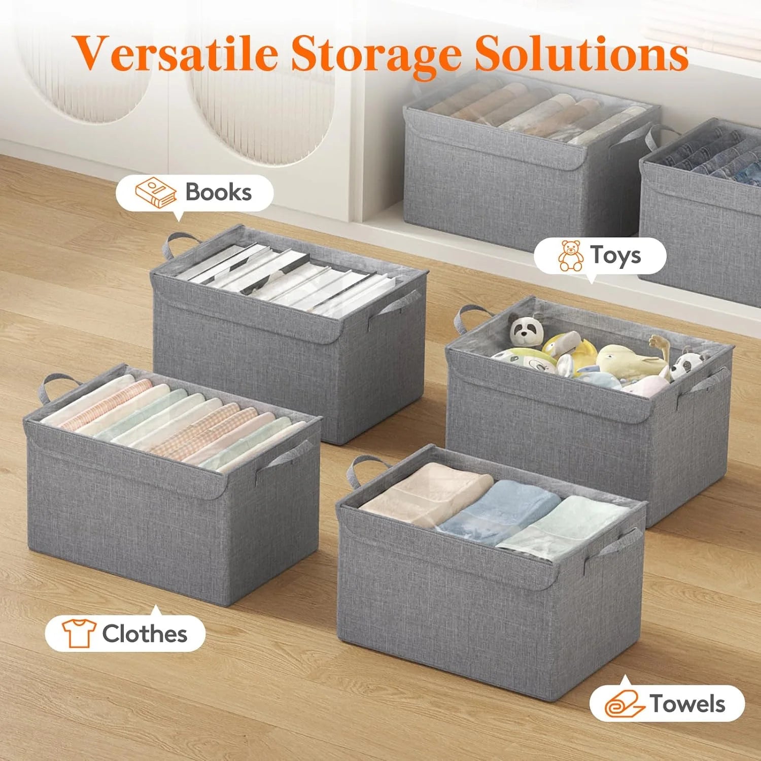 Fabric Storage Boxes 6 Pcs Stackable Storage Bins with Clear Lids Foldable Oxford Cloth Cube Closet Organizer Baskets Clothes Containers for Towels Blankets Books Light Grey-Large