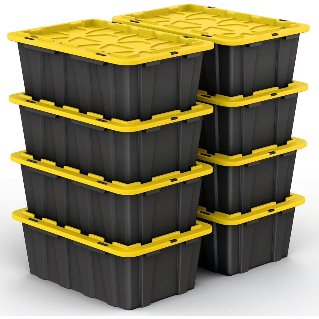 8 PACK of Medium 12 Gallon Plastic Storage Bin Tote Organizing Container with Ultra Durable Secure Latching Lids Stackable Extra Strength Clear with Built in Handle - Black and Yellow