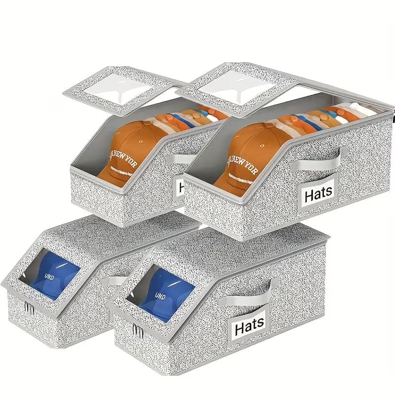 4 PCS Stackable Hat Storage for Baseball Caps Hat Storage Boxes for Closet Holds up to 12 Caps with Cardboard Hat Organizer for Women &amp; Men (Grey)