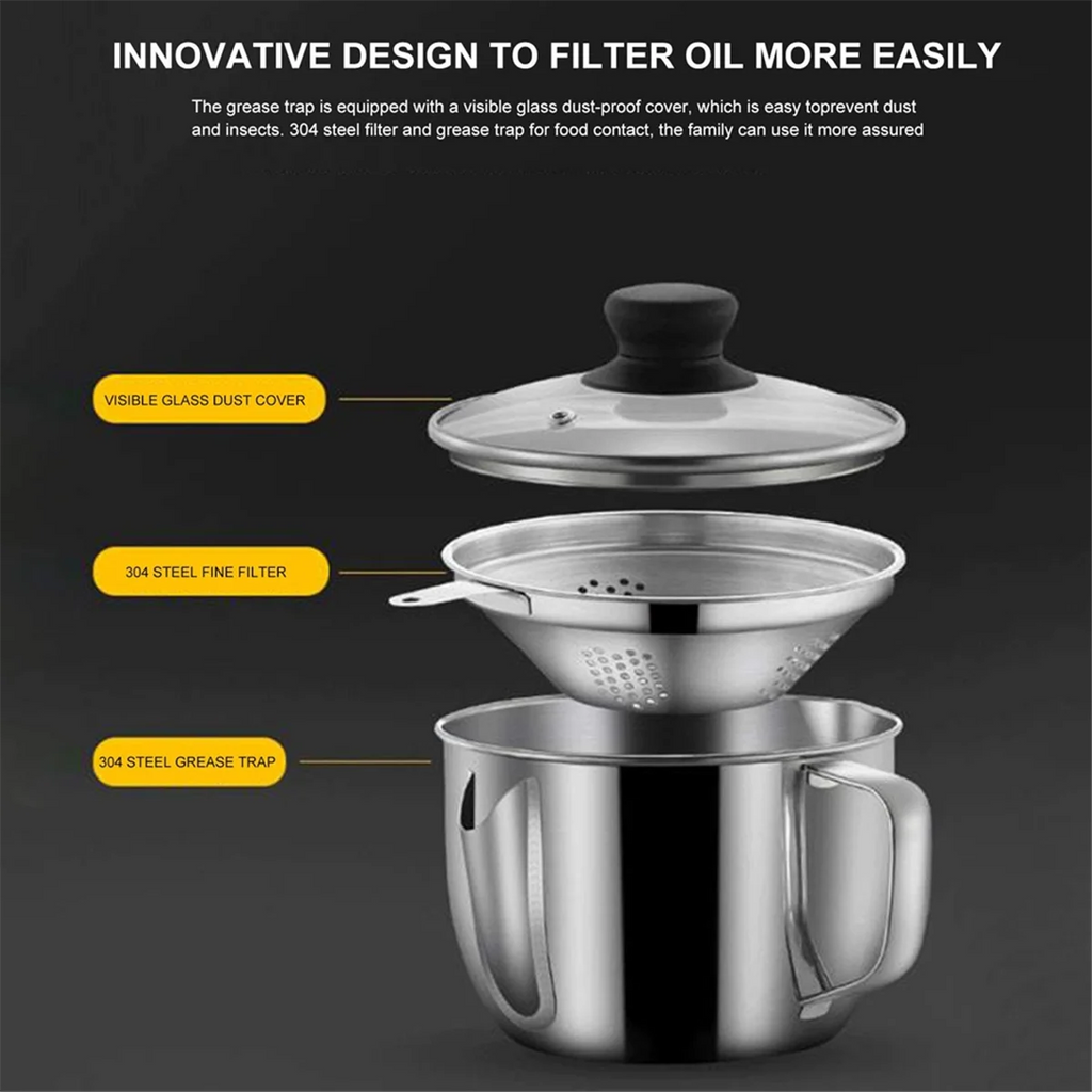 Stainless Steel Fat Separator 1L/4 Cup Gravy Grease with Strainer and Glass Lid Soup Oil Cup