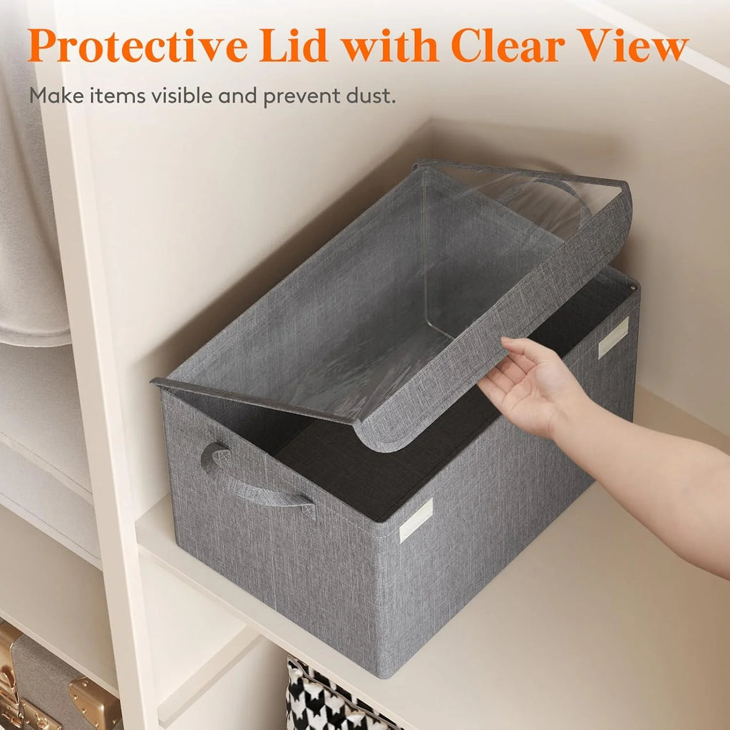 Fabric Storage Boxes 6 Pcs Stackable Storage Bins with Clear Lids Foldable Oxford Cloth Cube Closet Organizer Baskets Clothes Containers for Towels Blankets Books Light Grey-Large