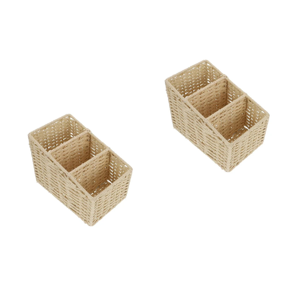 2pcs Woven 3 Compartments Woven Storage Box Bin Makeup Container Cube Organizer Divider for Home Bathroom Bedroom Closet Table Remote Beige