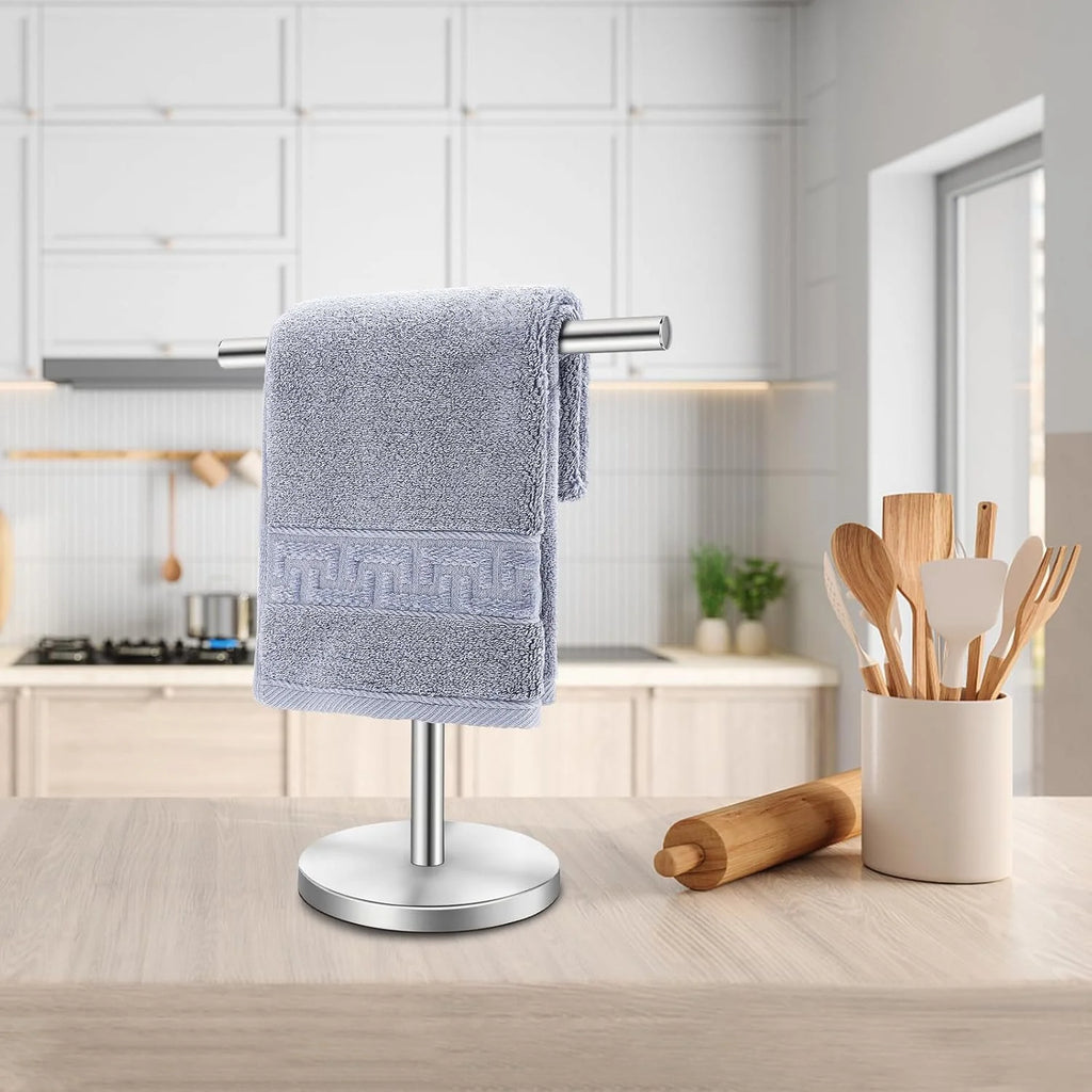 T-Shape Bath Hand Towel Holder Stand Stainless Steel Free Standing Hand Towel Rack with Heavy Base for Bathroom Kitchen &amp; Countertop Matte Black