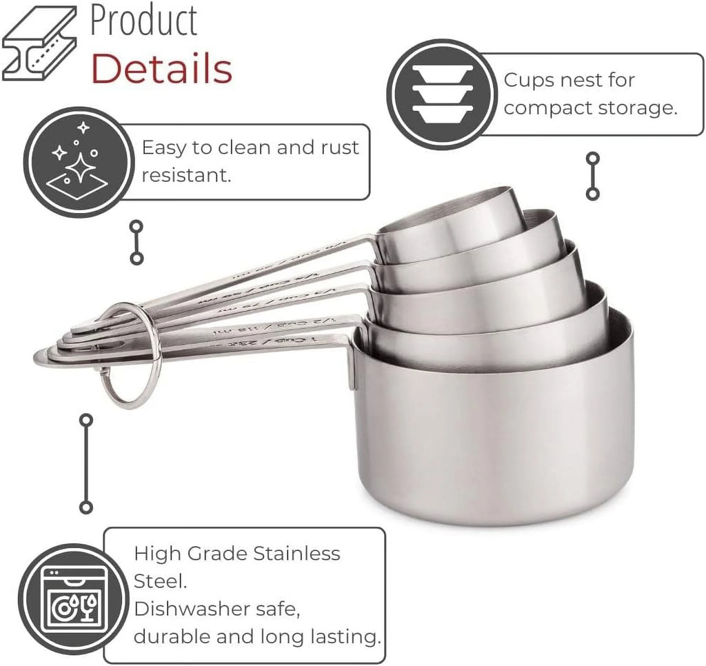 Stainless Steel Measuring Cups Heavy-Duty 5-Piece Set with Storage Ring – Kitchen Measuring Tools