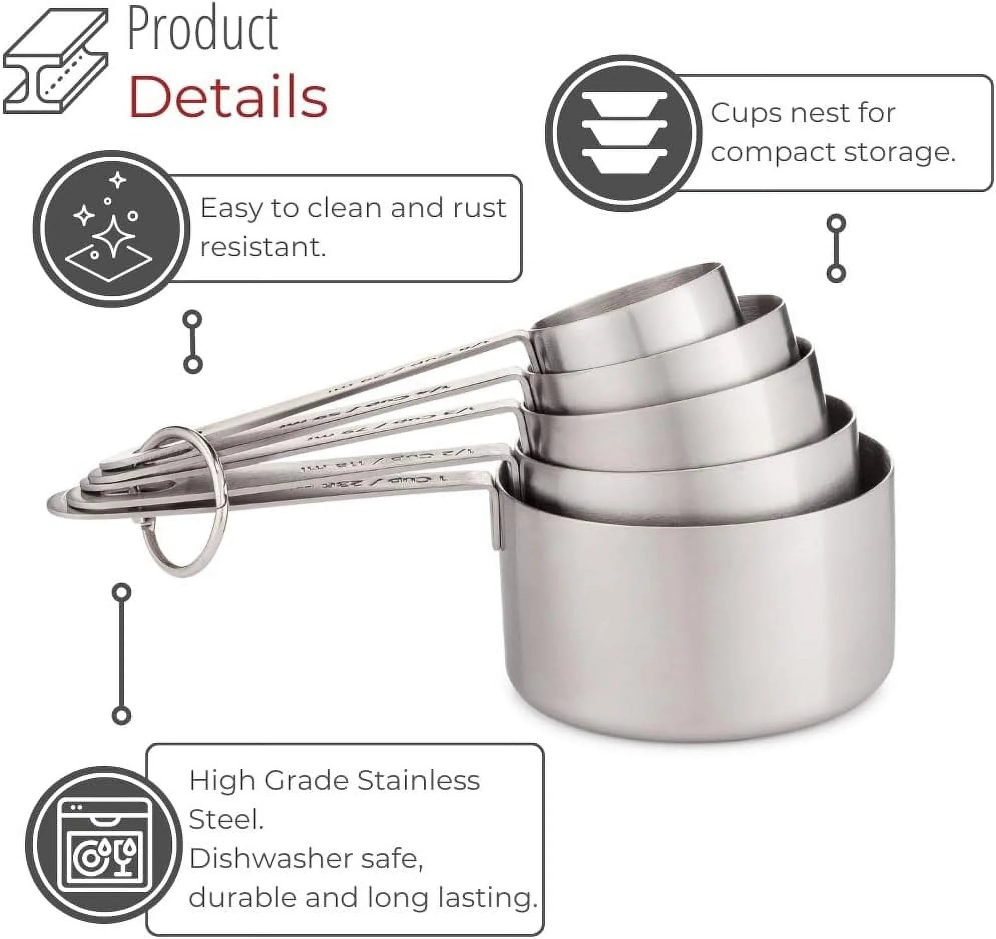 Stainless Steel Measuring Cups Heavy-Duty 5-Piece Set with Storage Ring – Kitchen Measuring Tools