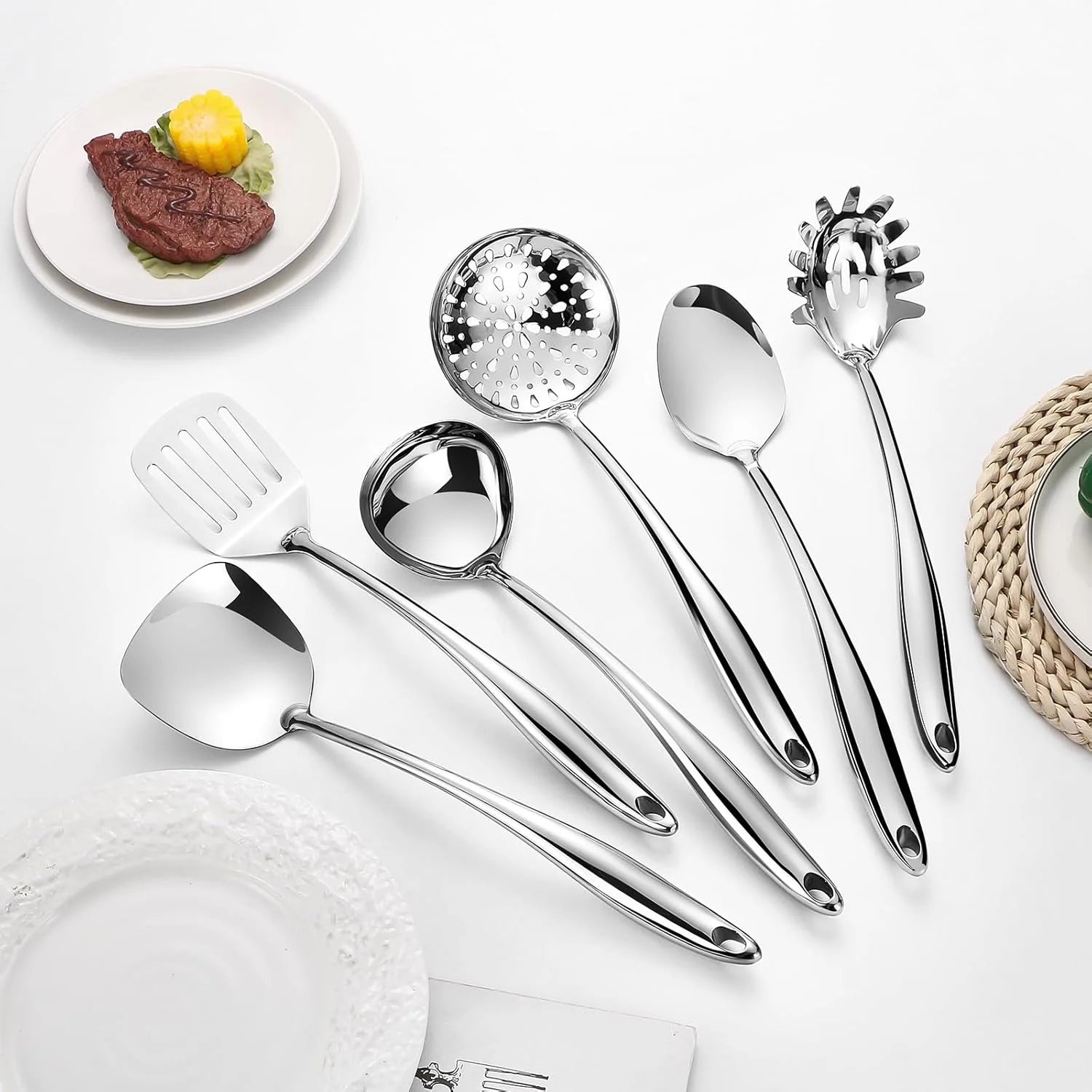304 Stainless Steel Cooking Utensils Set,6 Pcs Long Metal Kitchen Utensils Set with Spatula Solid Spoon Ladle Skimmer Spaghetti Spoon,Dishwasher Safe