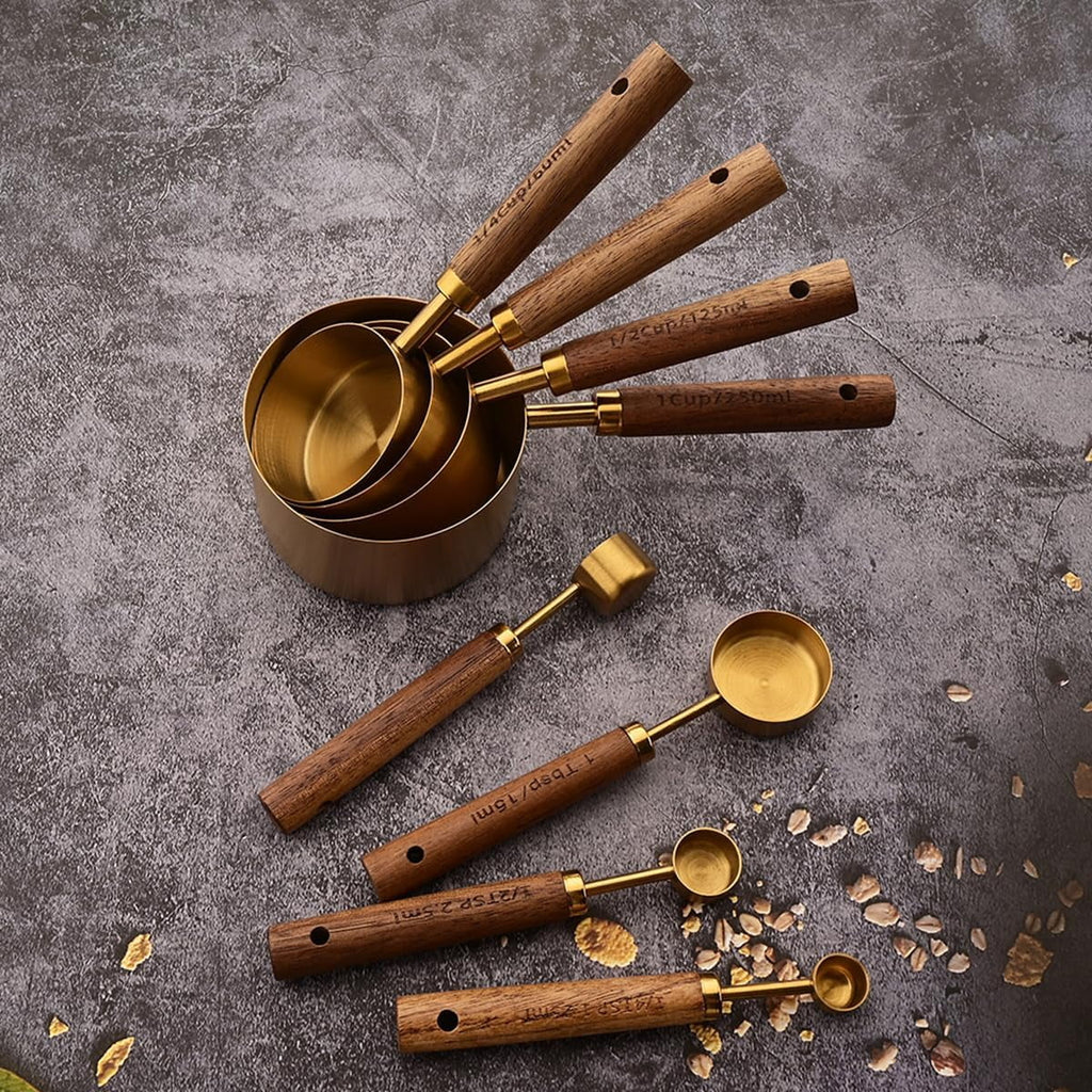 8 pieces Golden Measuring Cups Set and Measuring Spoons Set with Scale Wooden Handle Stainless Steel Dry &amp; Liquid Measuring Cup for Cooking Baking