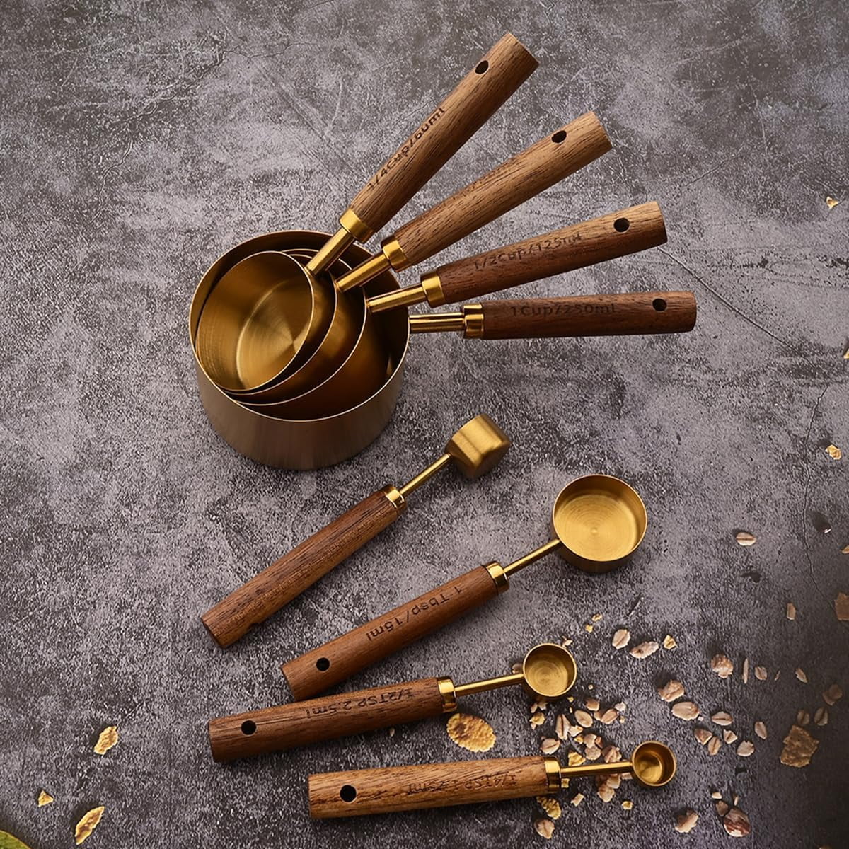 8 pieces Golden Measuring Cups Set and Measuring Spoons Set with Scale Wooden Handle Stainless Steel Dry &amp; Liquid Measuring Cup for Cooking Baking