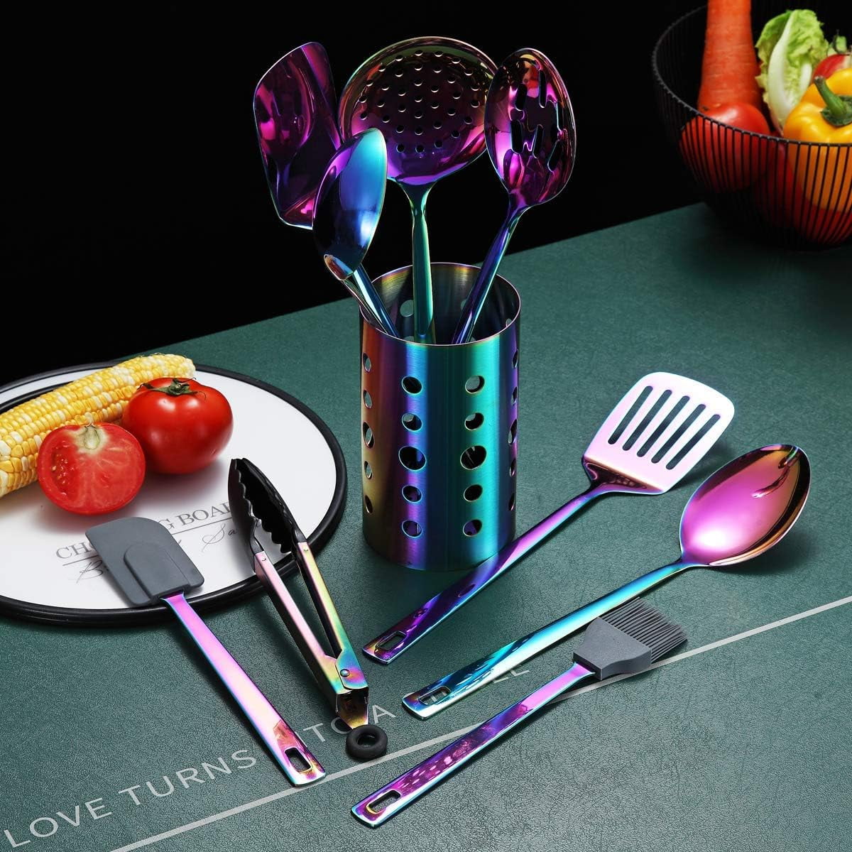Rainbow Kitchen Utensil Set 13-Piece Stainless Steel Cookware Set Titanium Rainbow Plating Kitchen Tool Set with Cutlery Holder Suitable for Non-stick Cookware Dishwasher Safe