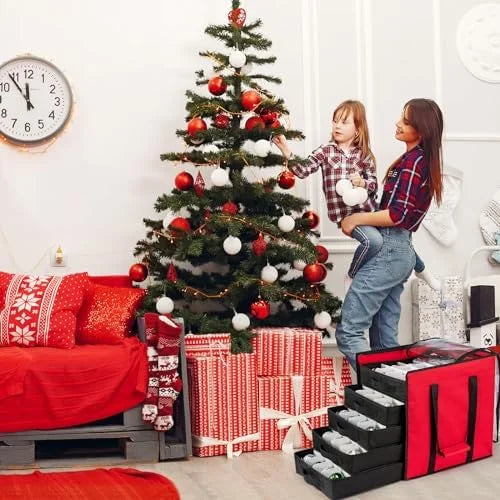 Christmas Ornament Storage Containers -Holds Up to 100 Holiday Ornaments with 5 Removable Trays Large Storage Box with Clear Covered Top &amp; Sturdy Handles