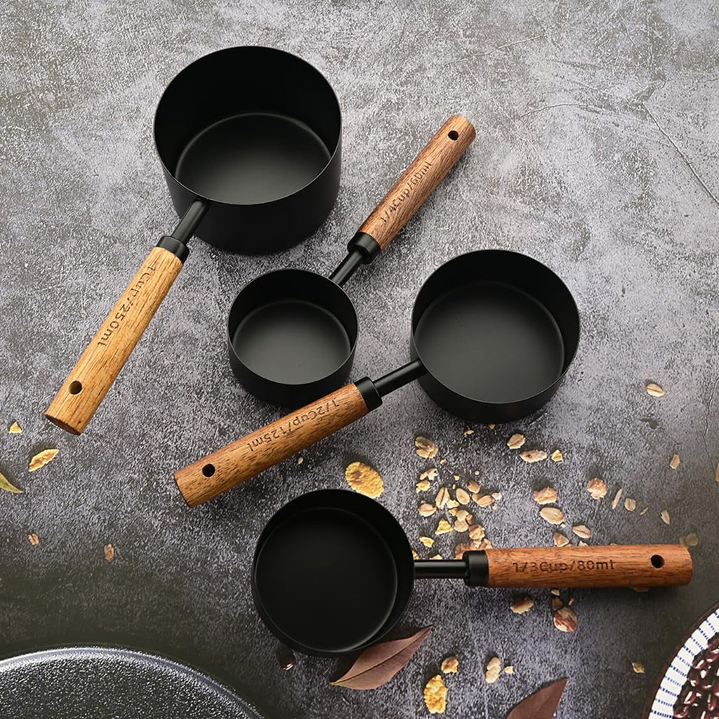 8 pieces Golden Measuring Cups Set and Measuring Spoons Set with Scale Wooden Handle Stainless Steel Dry &amp; Liquid Measuring Cup for Cooking Baking