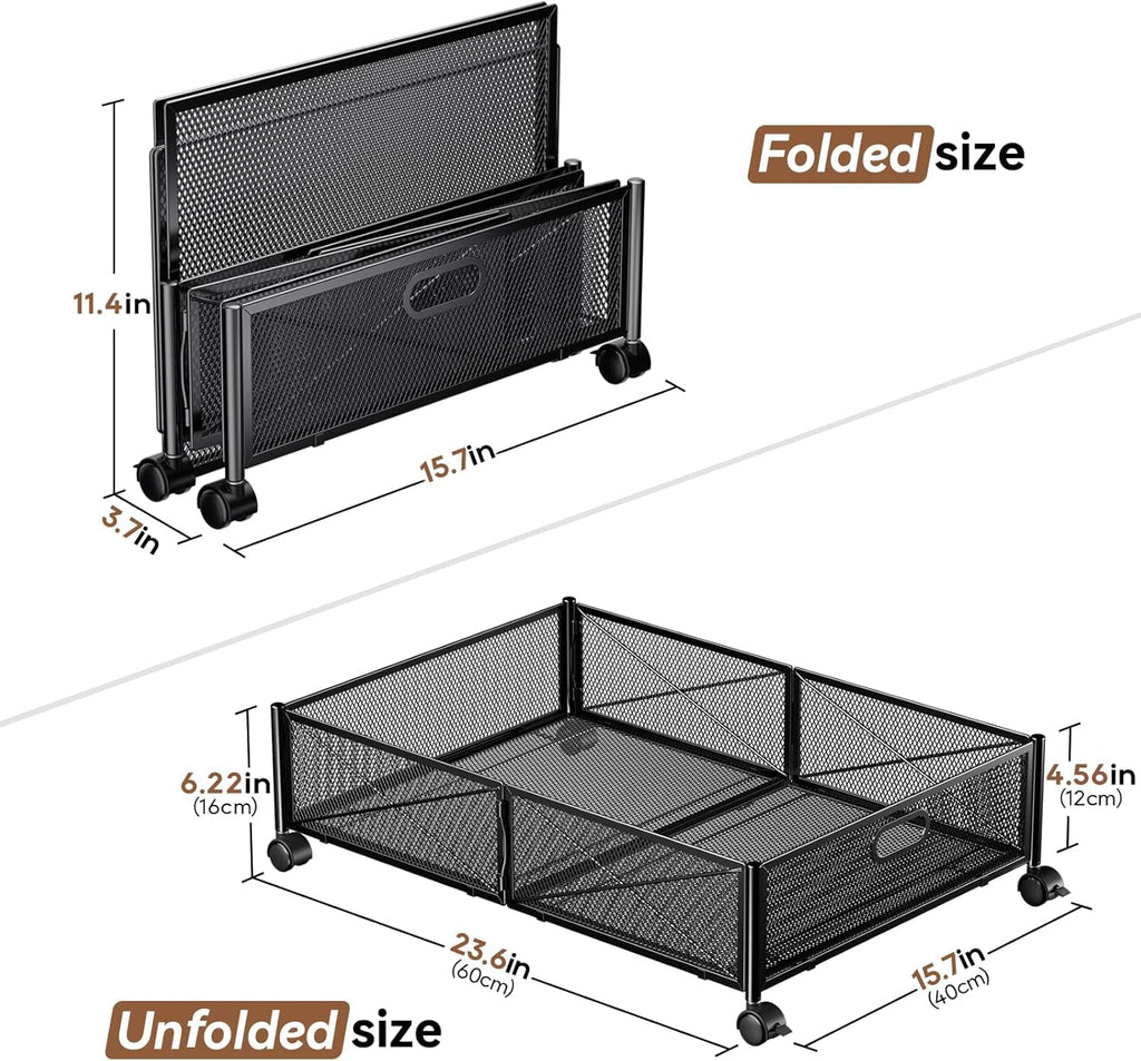 Under Bed Storage Containers with Wheels - Shoe Storage Organizer Drawer Tool-free Assembly Metal Underbed Storage for Bedroom Clothes Shoes Blankets - 2Pack