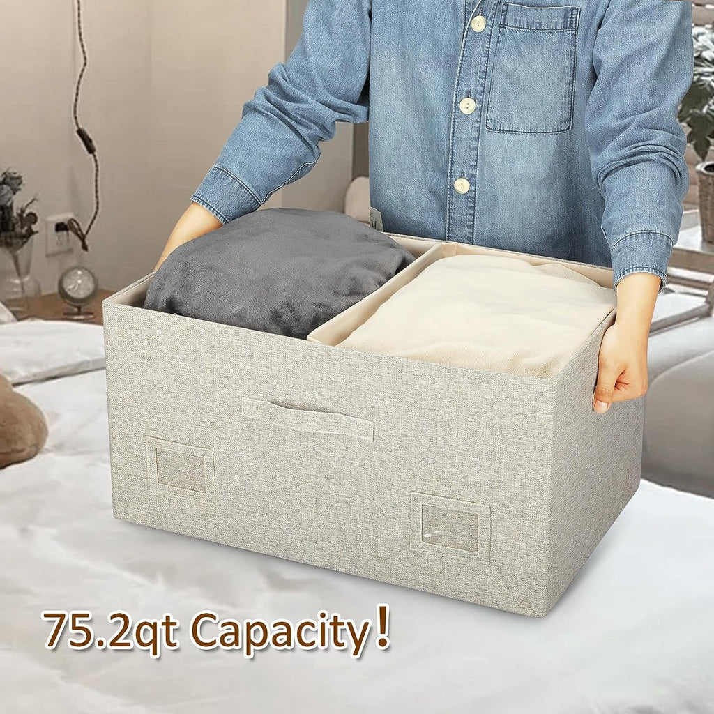 Large 17" 36 Quart Collapsible Stackable Storage Bins with Lids 3 Packs White Linen Fabric Closet Boxes with Lids Storage Cube Baskets Container Organizers for Bedroom Office(17 x12 x11)