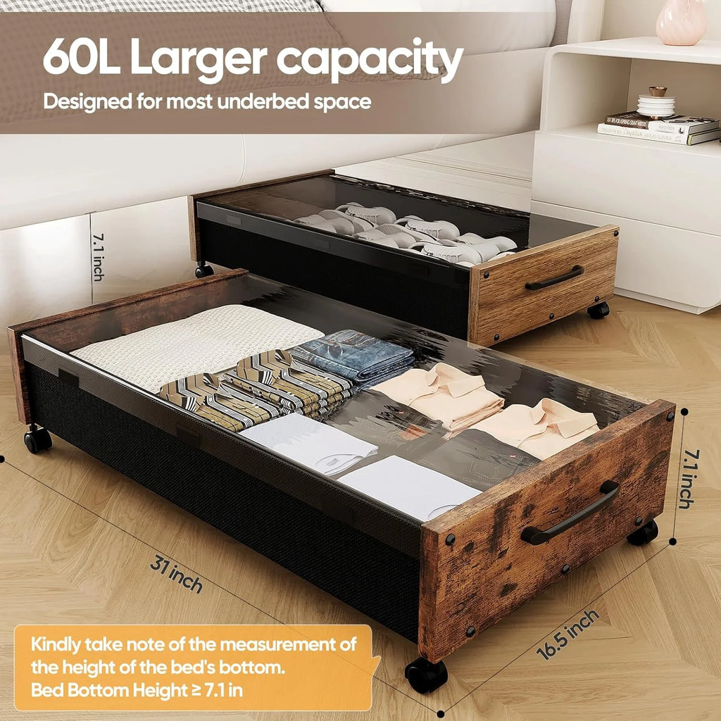 Wooden Under Bed Storage with Wheels Rolling Under the Bed Storage Bins with Removable Lid Metal Under Bed Drawers for Clothes and Shoes in Bedroom or Living Room(Black Wood-2pack)