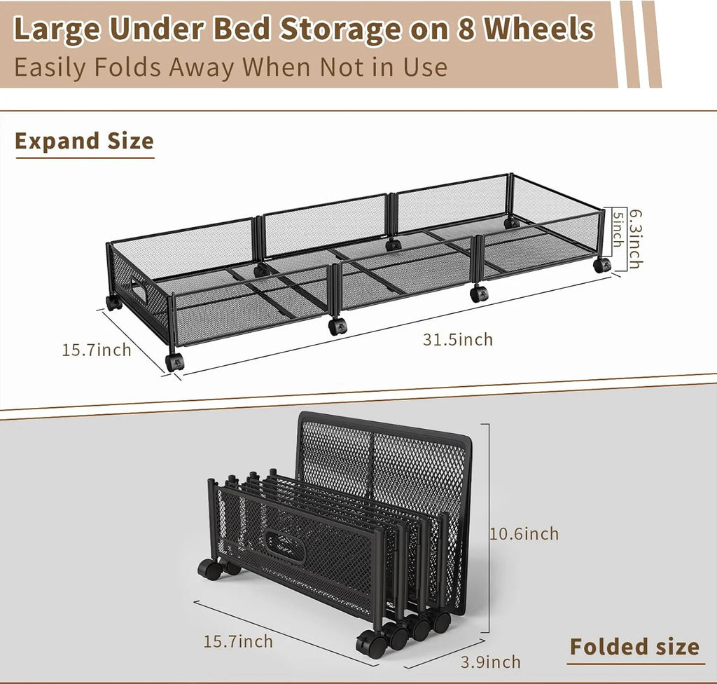 47.2'' Long Under Bed Storage on Wheels 57.6L Large Capacity Rolling Under the Bed Storage Containers Tool-Free Assembly Foldable Underbed Shoes Clothes Toy Drawers