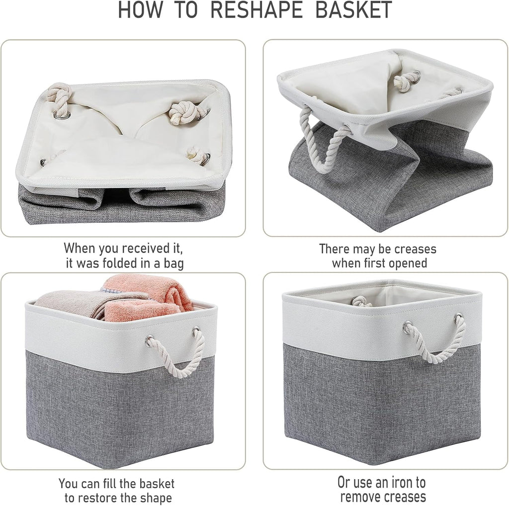 13 x 13 Inch Cube Storage Bins 6 Pack Extra Large Collapsible Fabric Storage Bin with Ropes Foldable Storage Cubes for Home (White &amp; Beige-13"x13"x13")