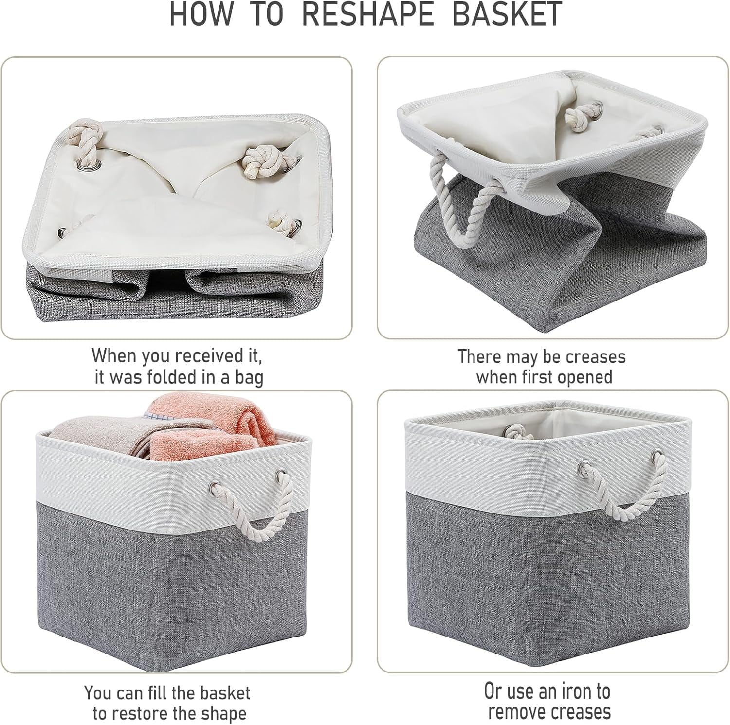 13 x 13 Inch Cube Storage Bins 6 Pack Extra Large Collapsible Fabric Storage Bin with Ropes Foldable Storage Cubes for Home (White &amp; Beige-13"x13"x13")