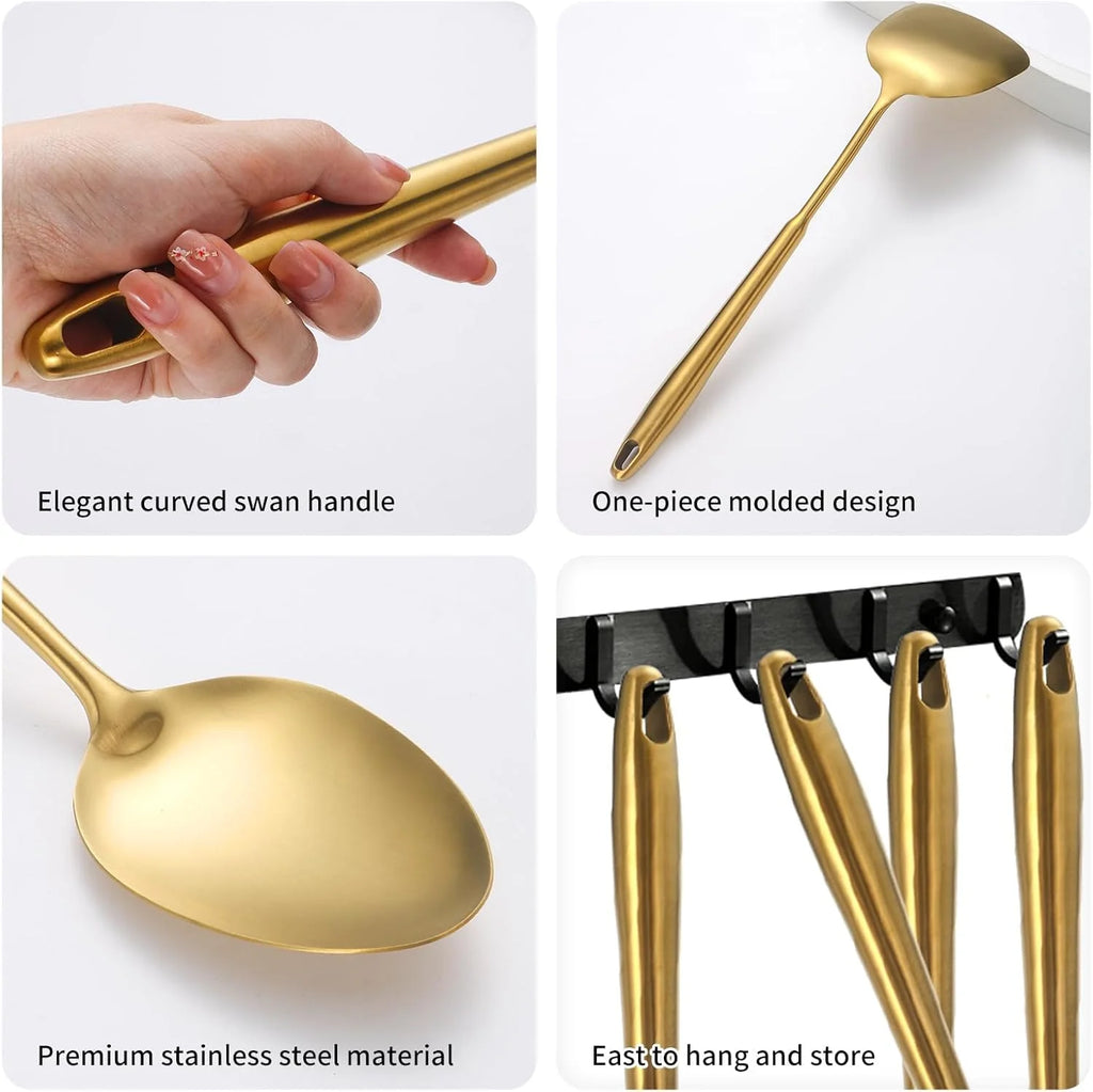 304 Stainless Steel Cooking Utensils,6 Pcs Kitchen Cooking Utensils Set with Spatula Solid Spoon Ladle Skimmer Spaghetti Spoon,Dishwasher Safe(Gold)