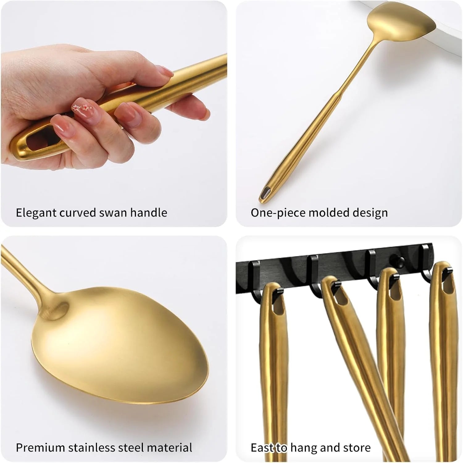 304 Stainless Steel Cooking Utensils,6 Pcs Kitchen Cooking Utensils Set with Spatula Solid Spoon Ladle Skimmer Spaghetti Spoon,Dishwasher Safe(Gold)