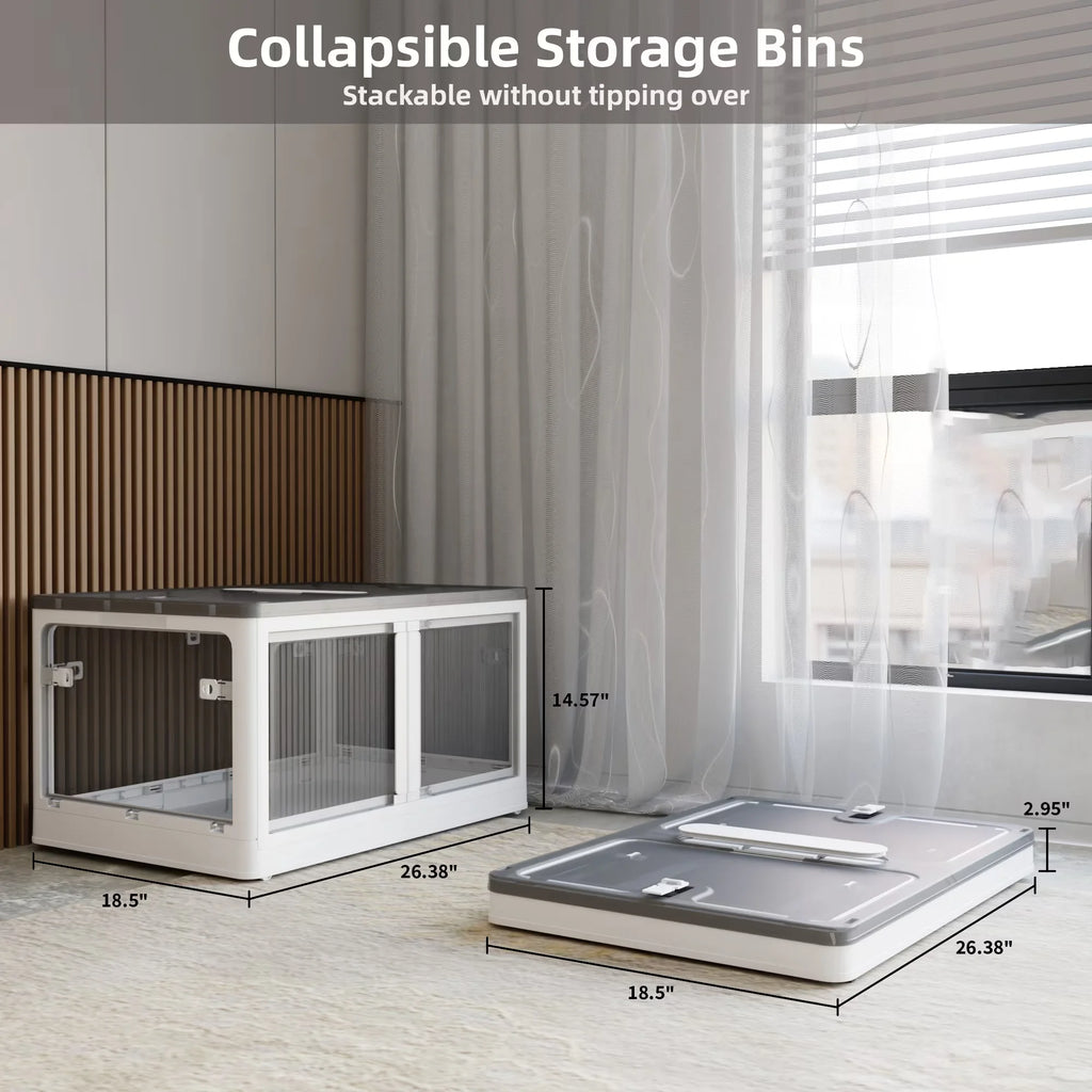 384QT 3-Pack Transparent Stackable Storage Bins with 5 Doors to Open with Wheels Folding Plastic Craft Containers Large Closet Organizers Box for Bedrooms Living Rooms Study Kids' Toys White