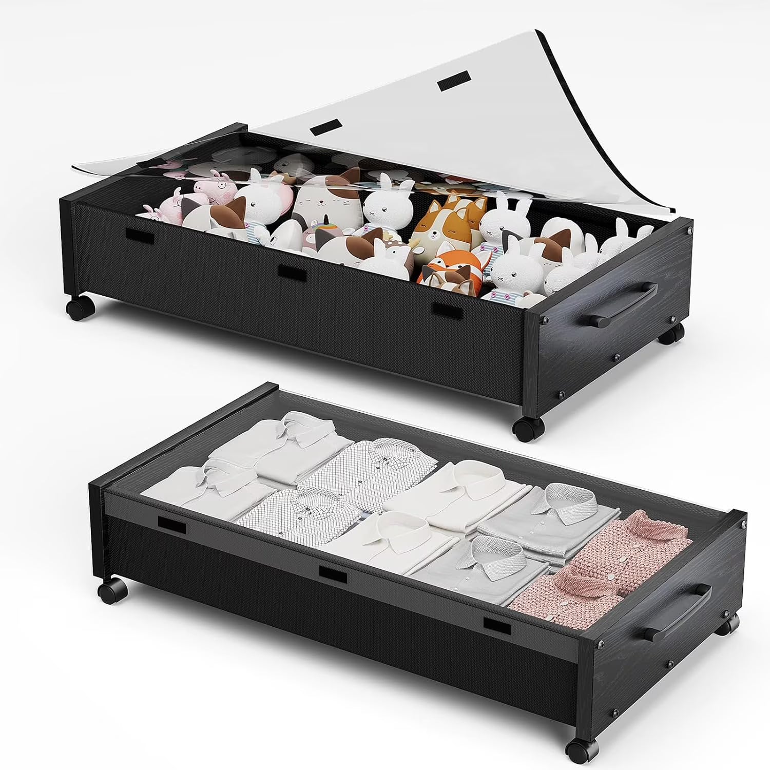 Wooden Under Bed Storage with Wheels Rolling Under the Bed Storage Bins with Removable Lid Metal Under Bed Drawers for Clothes and Shoes in Bedroom or Living Room(Black Wood-2pack)