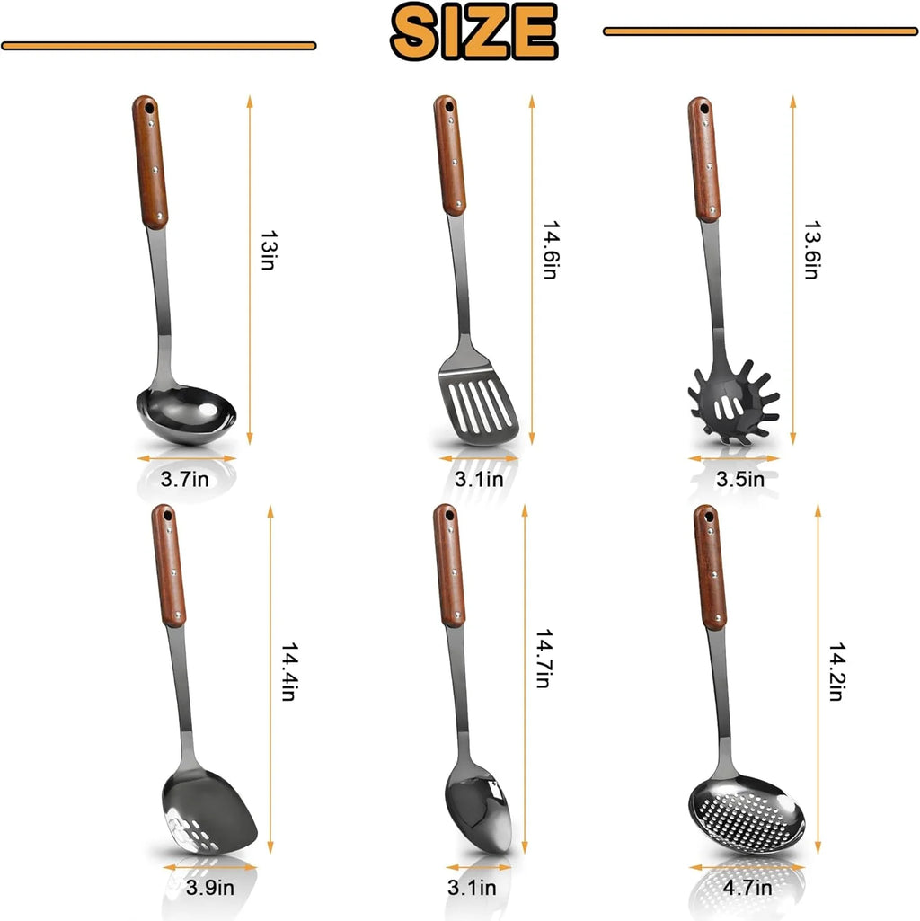 Stainless Steel Cooking Utensils Set Mirror Polished 6 Pieces Kitchen Utensils Set Kitchen Tools Set With Wooden Handle Non-Stick Heat Resistant,Dishwasher Safe Easy to Clean