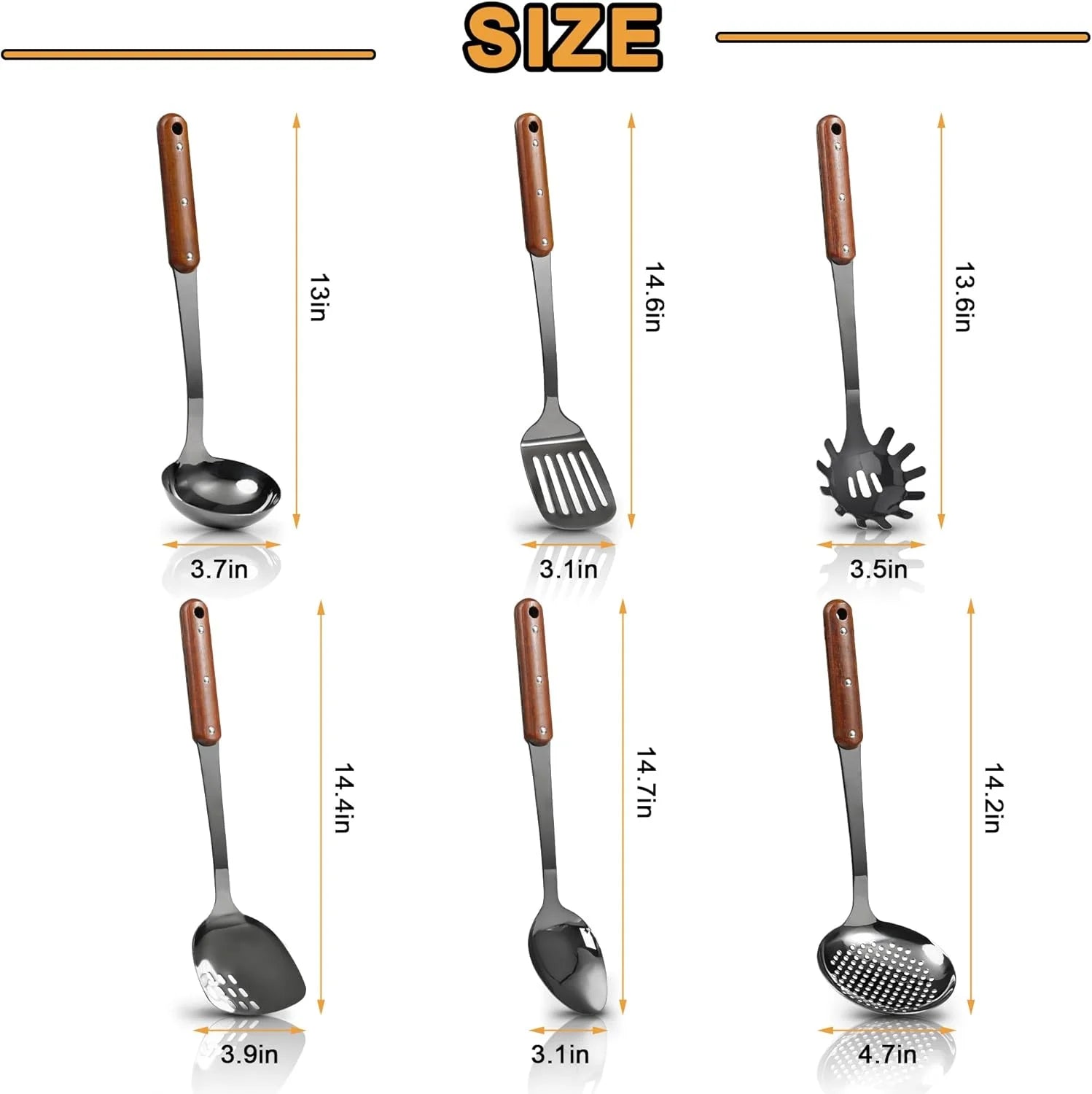 Stainless Steel Cooking Utensils Set Mirror Polished 6 Pieces Kitchen Utensils Set Kitchen Tools Set With Wooden Handle Non-Stick Heat Resistant,Dishwasher Safe Easy to Clean
